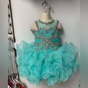 Toddler 18/24 Month Blue Green Beaded Keyhole Back Cupcake Pageant Dress Bow NWT